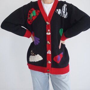 Vintage Storybook Black Knit Hats Mittens Gloves Novelty Cardigan Sweater XL